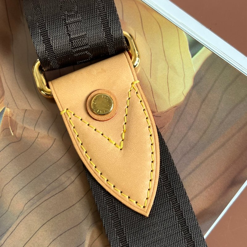 ::LOUIS VUITTON:: LV 金釦棕色織帶拼接皮革釦式可調節背帶 Strap-13