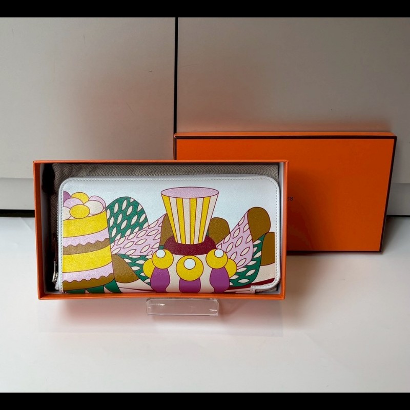 Hermes 淺灰皮彩繪蛋糕圖案拉鍊長夾-0