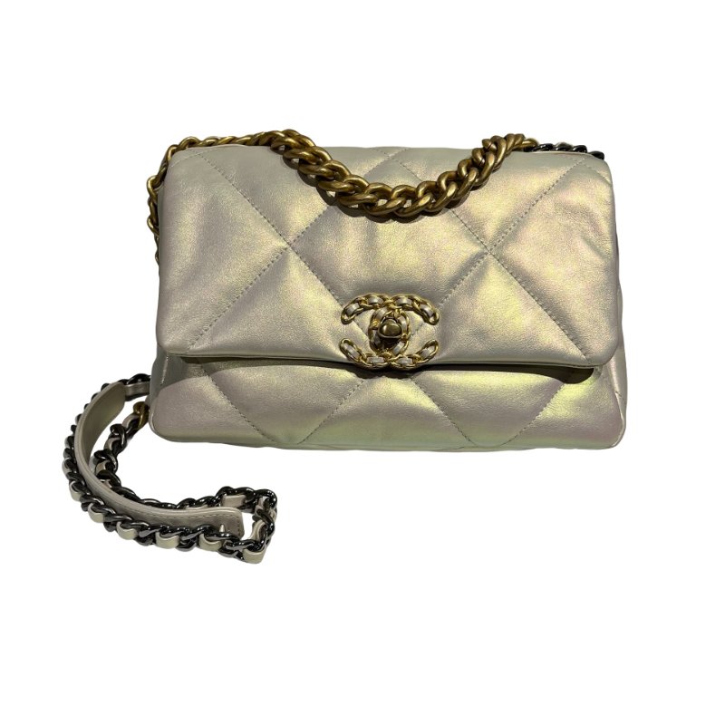 CHANEL 19 SMALL SIZE IRIDESCENT WHITE GHW CHAIN SHOUDLER BAG-0