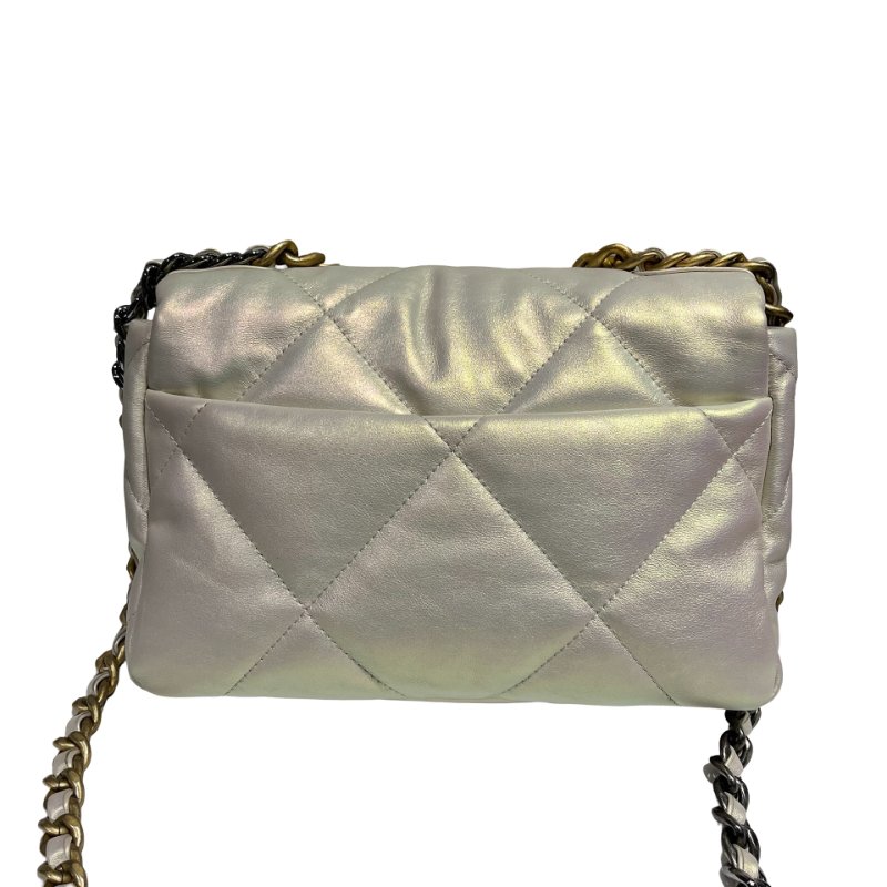 CHANEL 19 SMALL SIZE IRIDESCENT WHITE GHW CHAIN SHOUDLER BAG-2