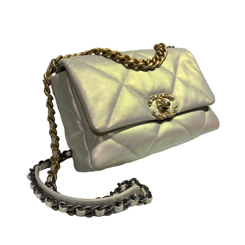 CHANEL 19 SMALL SIZE IRIDESCENT WHITE GHW CHAIN SHOUDLER BAG-3