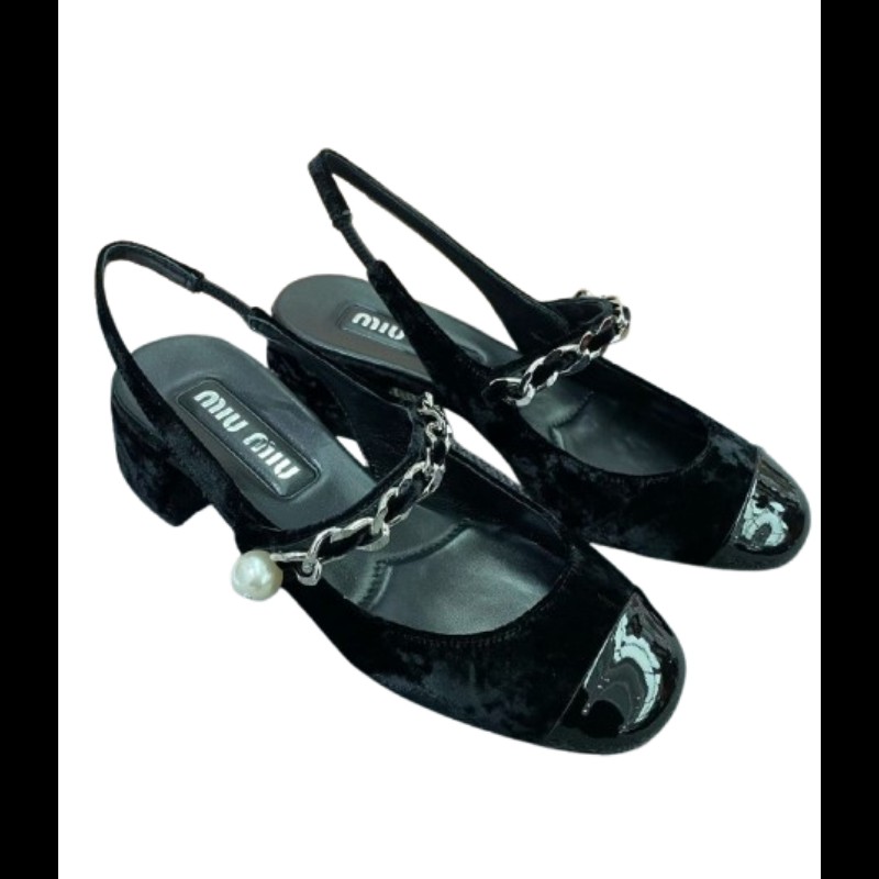 Miu Miu 黑色絲絨瑪莉珍跟鞋 38碼-0