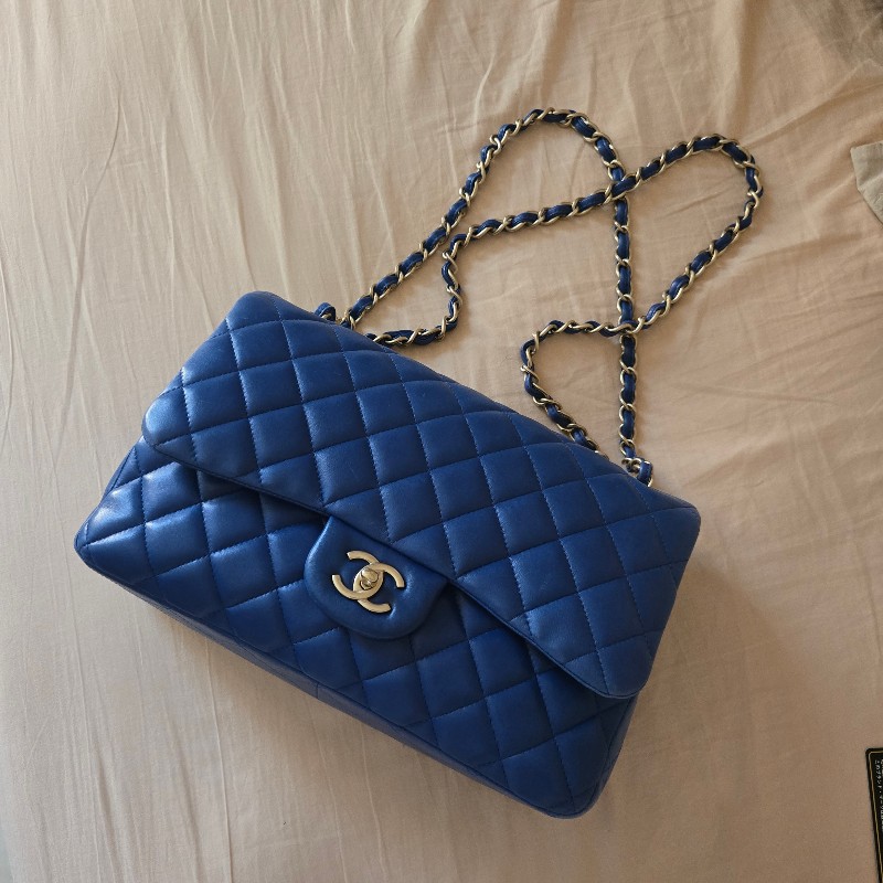 CHANEL JUMBO30 海軍藍 羊皮包 淡金釦-7