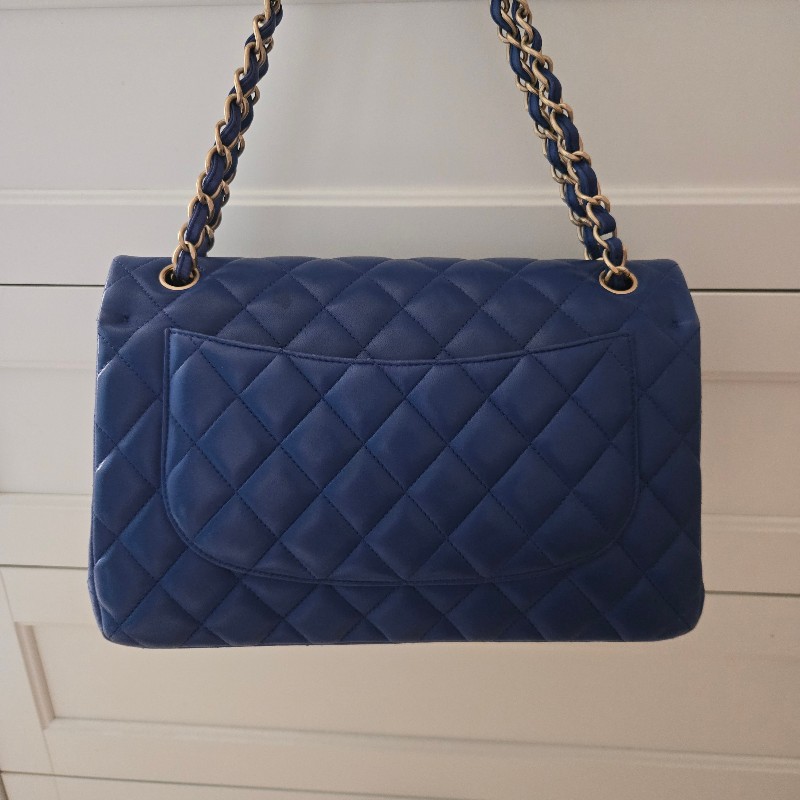 CHANEL JUMBO30 海軍藍 羊皮包 淡金釦-8