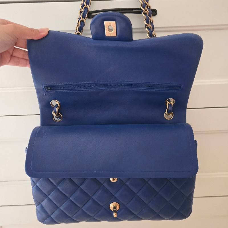 CHANEL JUMBO30 海軍藍 羊皮包 淡金釦-11