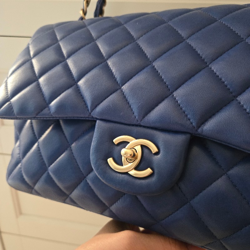 CHANEL JUMBO30 海軍藍 羊皮包 淡金釦-13