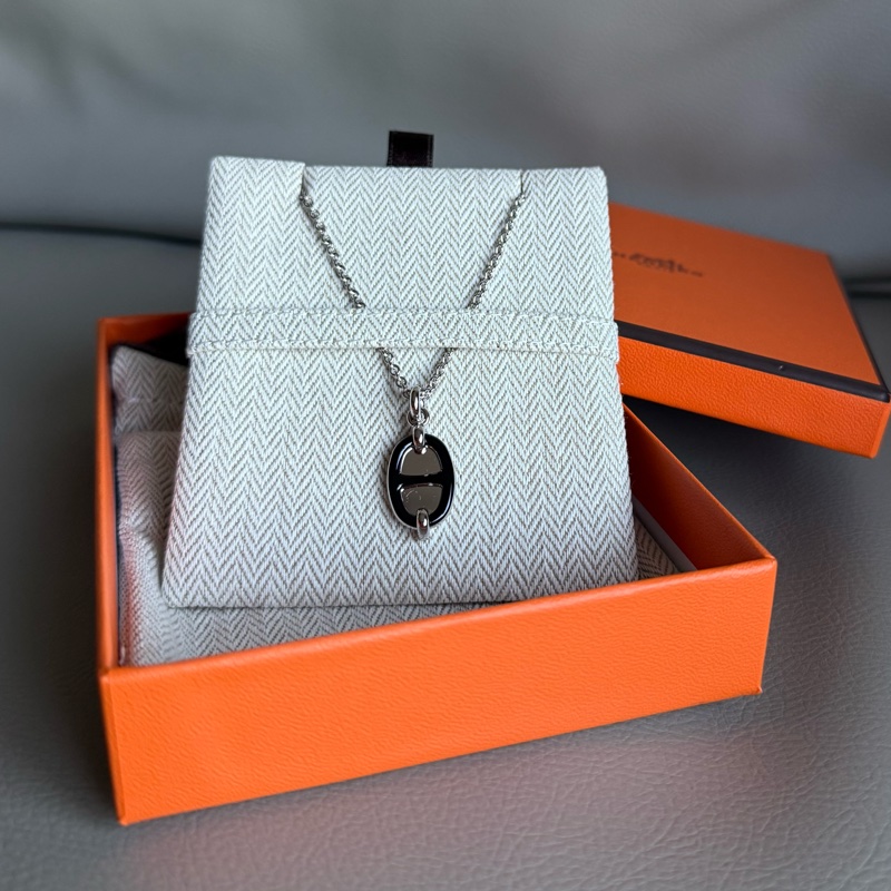 全新 現貨 🍊Hermes Mini Maillon pendant 豬鼻 頸鏈 項鍊 黑色x銀-0