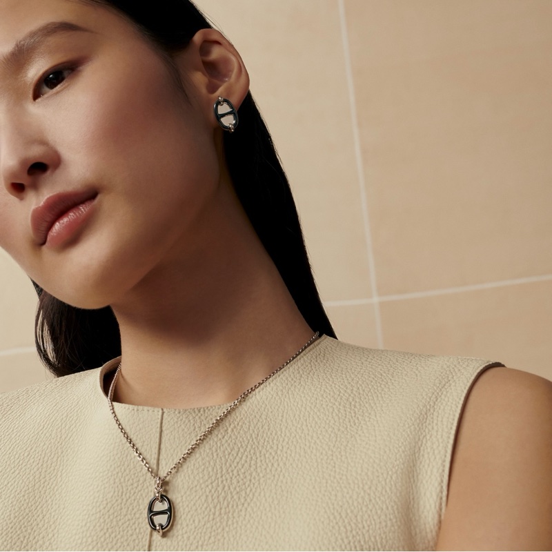 全新 現貨 🍊Hermes Mini Maillon pendant 豬鼻 頸鏈 項鍊 黑色x銀-4