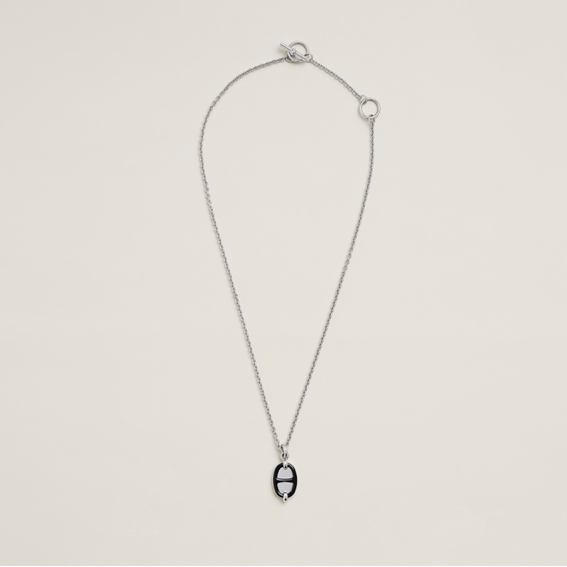 全新 現貨 🍊Hermes Mini Maillon pendant 豬鼻 頸鏈 項鍊 黑色x銀-6