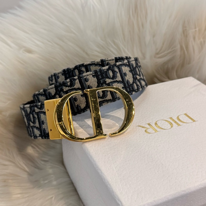 DIOR 經典30 MONTAIGNE CD LOGO Oblique緹花帆布牛皮雙面腰帶/皮帶(藍色)-0