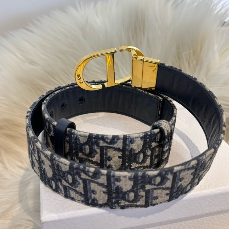 DIOR 經典30 MONTAIGNE CD LOGO Oblique緹花帆布牛皮雙面腰帶/皮帶(藍色)-1
