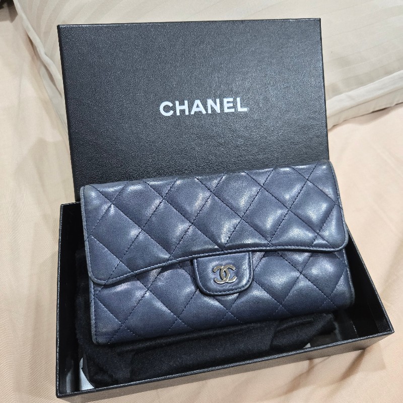 CHANEL 香奈兒 羊皮長夾 深藍色-3