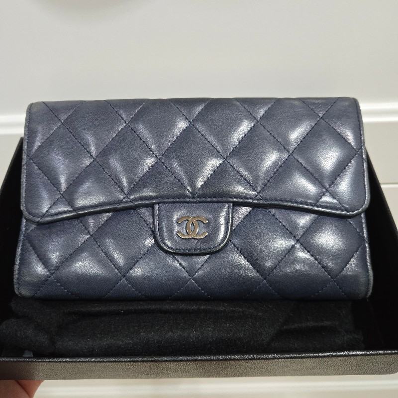 CHANEL 香奈兒 羊皮長夾 深藍色-11