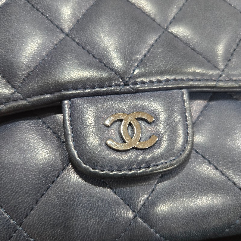 CHANEL 香奈兒 羊皮長夾 深藍色-17