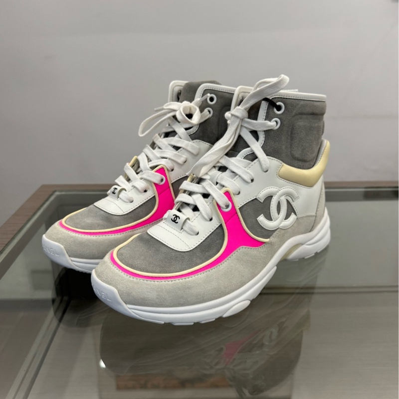 Chanel香奈兒 灰色麂皮拼粉色雙C女款運動鞋 37碼全新專櫃正品-3