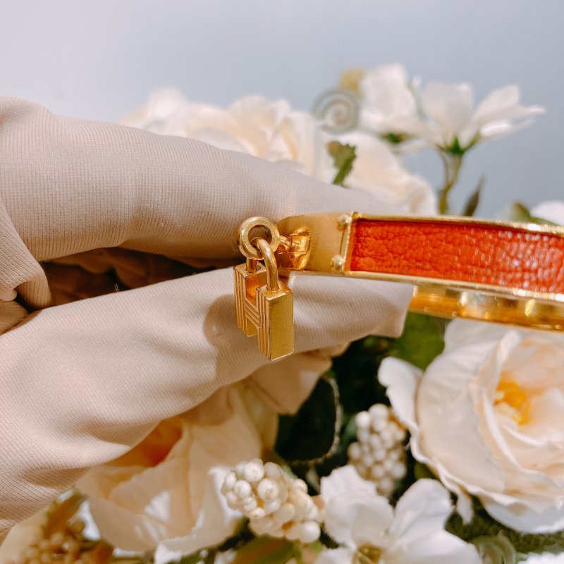 TW4536 Hermes 愛馬仕 凱莉穿戴式手鐲 愛馬仕橙 中古Kelly Bracelet 65 size Orange x GHW-5