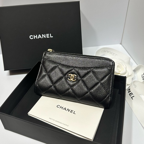 Chanel黑金荔枝皮L型拉鍊零錢卡包AP3179B