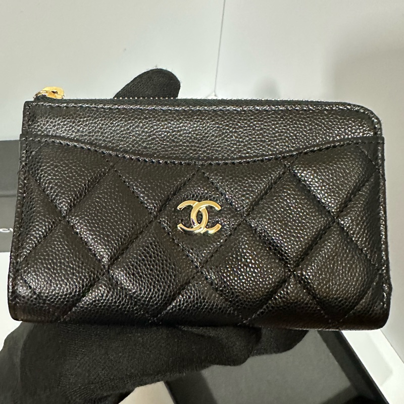 Chanel黑金荔枝皮L型拉鍊零錢卡包AP3179B-5