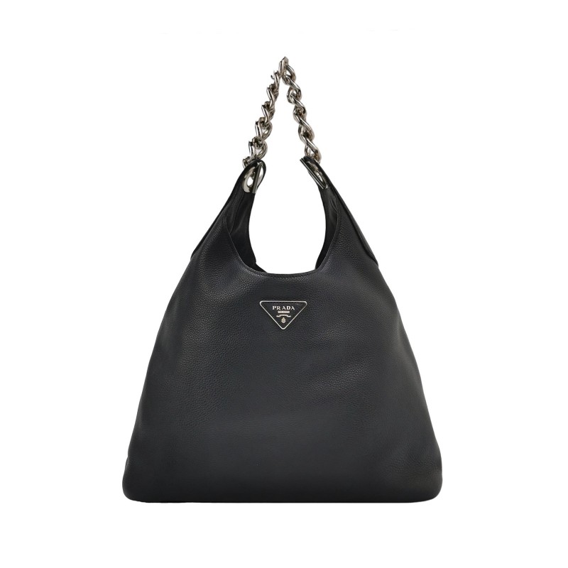 Prada 牛皮三角徽標鏈條黑色肩背包-0