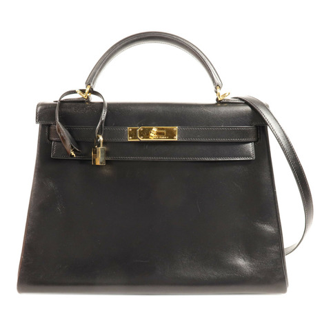 HERMES Box Calf皮革Kelly 32金扣手挽肩背兩用袋Noir