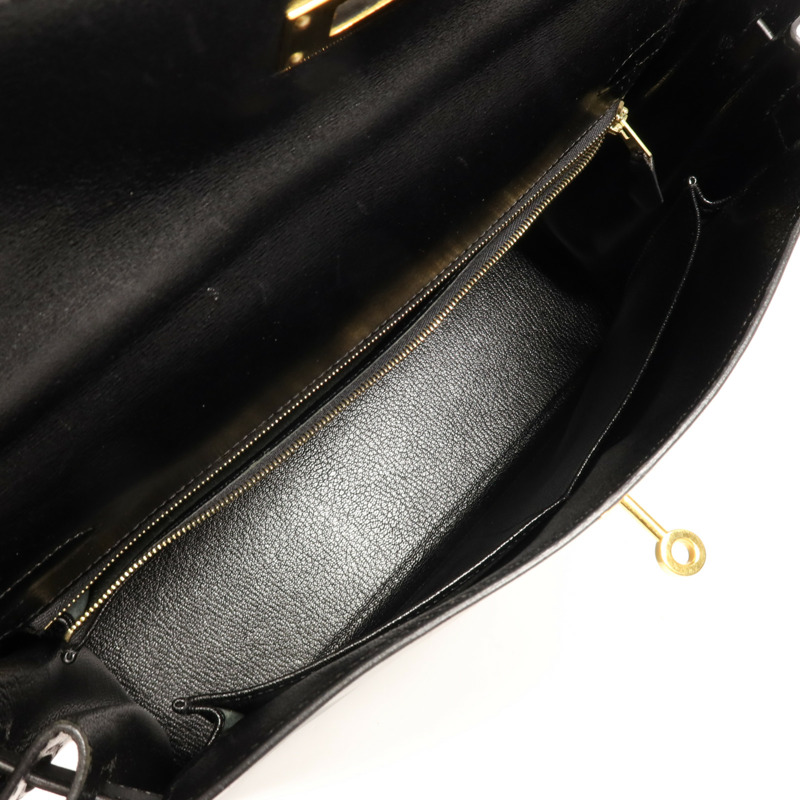 HERMES Box Calf皮革Kelly 32金扣手挽肩背兩用袋Noir-4
