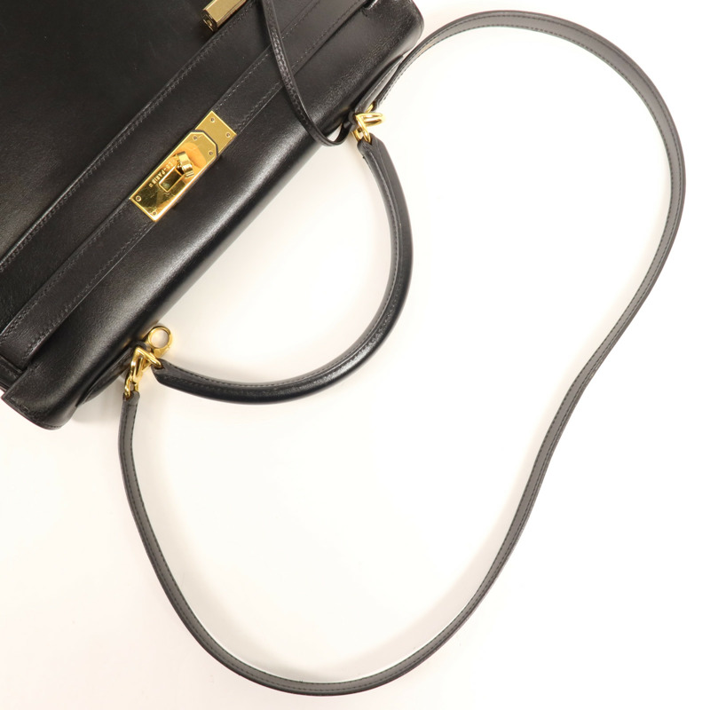 HERMES Box Calf皮革Kelly 32金扣手挽肩背兩用袋Noir-8