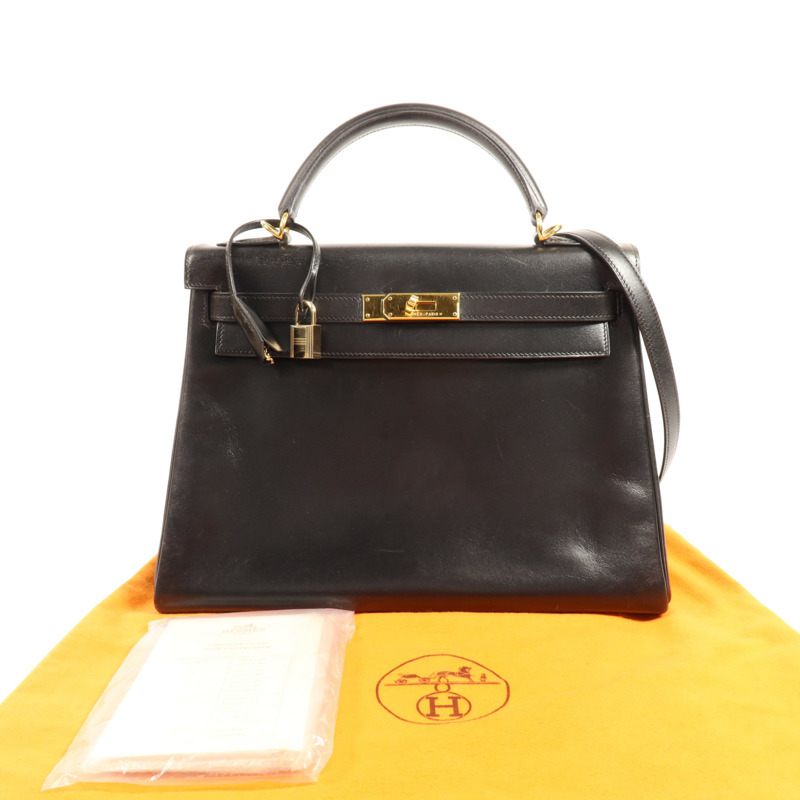 HERMES Box Calf皮革Kelly 32金扣手挽肩背兩用袋Noir-9