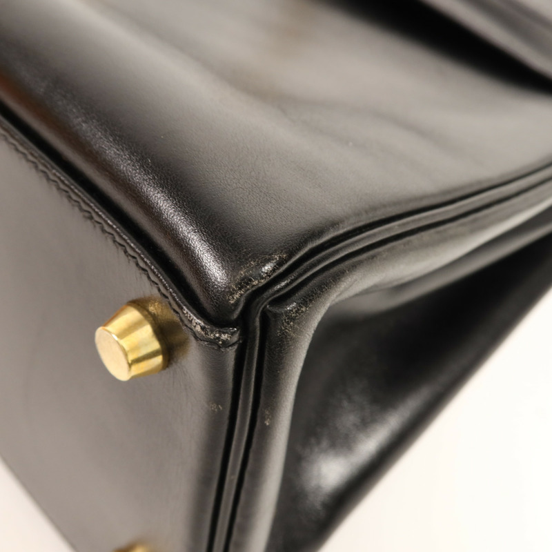 HERMES Box Calf皮革Kelly 32金扣手挽肩背兩用袋Noir-10