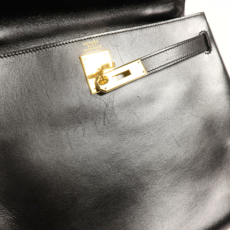 HERMES Box Calf皮革Kelly 32金扣手挽肩背兩用袋Noir-16