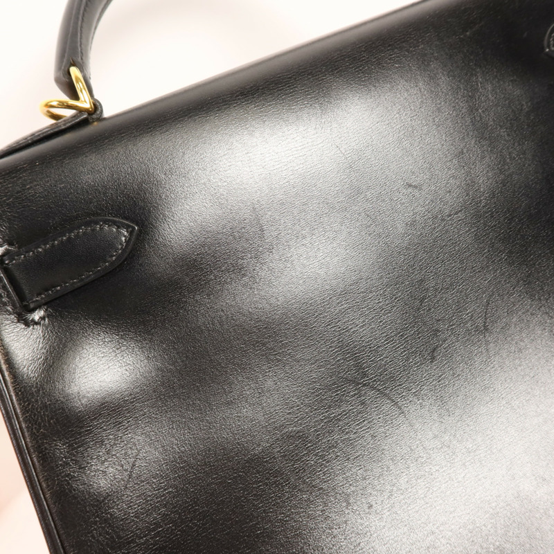 HERMES Box Calf皮革Kelly 32金扣手挽肩背兩用袋Noir-17