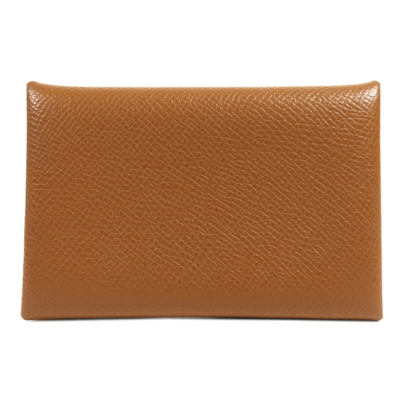 HERMES Epsom皮革Calvi銀扣卡片套Gold-0