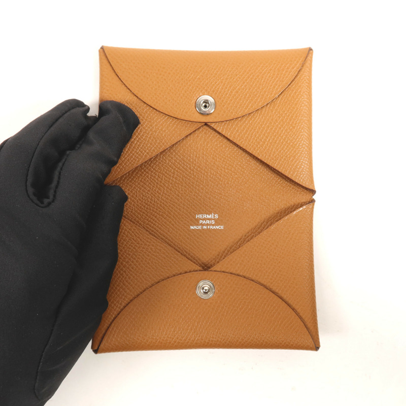 HERMES Epsom皮革Calvi銀扣卡片套Gold-4