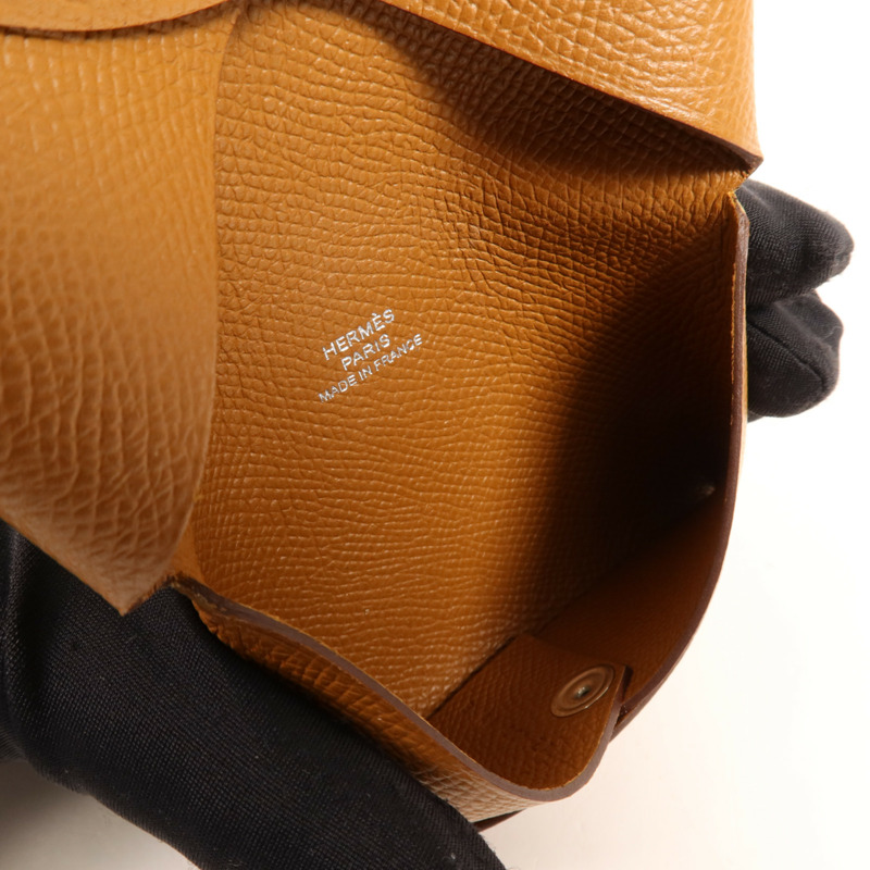 HERMES Epsom皮革Calvi銀扣卡片套Gold-5