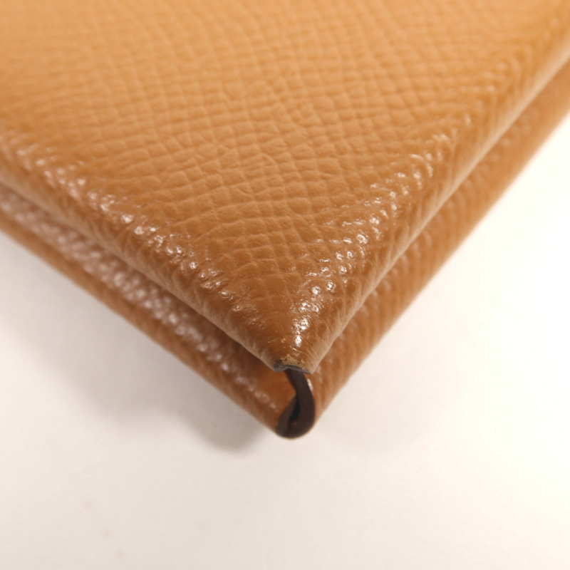 HERMES Epsom皮革Calvi銀扣卡片套Gold-10