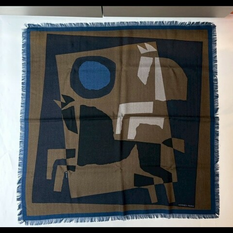 Hermes 深藍/咖色幾何馬圖形方圍巾 Velky lov