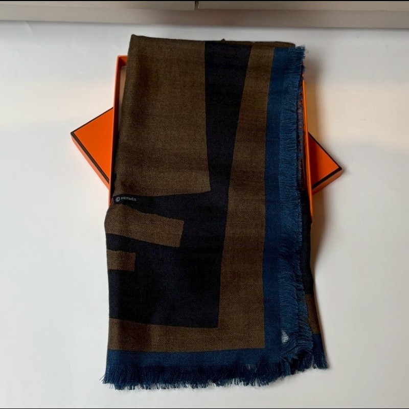 Hermes 深藍/咖色幾何馬圖形方圍巾 Velky lov-2