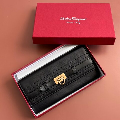 ::Salvatore Ferragamo:: Gancini Genuine Leather Long Wallet Large Capacity Black 黑色玫瑰金釦發財長夾 信封長夾