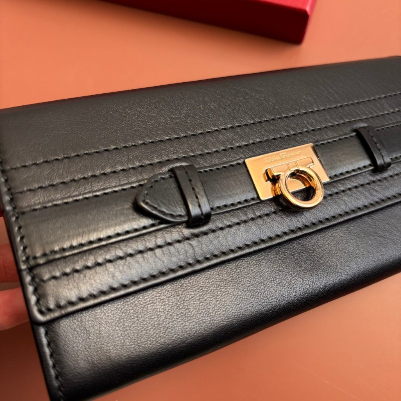 ::Salvatore Ferragamo:: Gancini Genuine Leather Long Wallet Large Capacity Black 黑色玫瑰金釦發財長夾 信封長夾-5