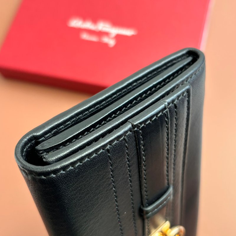 ::Salvatore Ferragamo:: Gancini Genuine Leather Long Wallet Large Capacity Black 黑色玫瑰金釦發財長夾 信封長夾-10