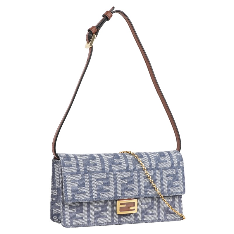 Baguette FF Logo 牛仔緹花二用皮夾式鍊包/WOC(藍色)-1