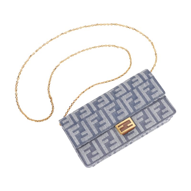 Baguette FF Logo 牛仔緹花二用皮夾式鍊包/WOC(藍色)-4