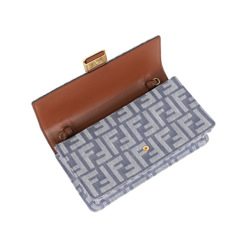 Baguette FF Logo 牛仔緹花二用皮夾式鍊包/WOC(藍色)-5