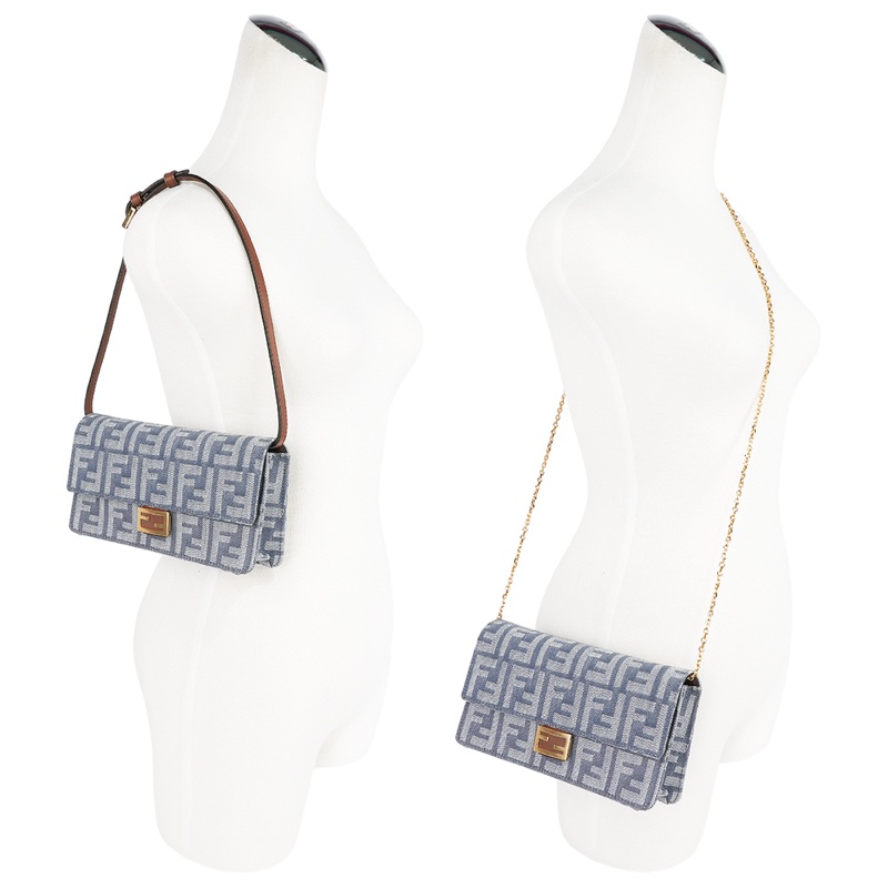 Baguette FF Logo 牛仔緹花二用皮夾式鍊包/WOC(藍色)-7