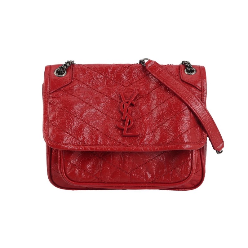 Saint Laurent Niki小號油蠟皮紅色V紋縫 YSL標誌-0