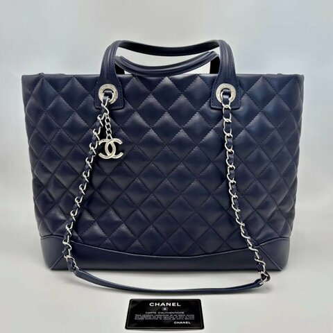 CHANEL 藍銀菱格紋手提托特包33*27*16 98新配件保卡