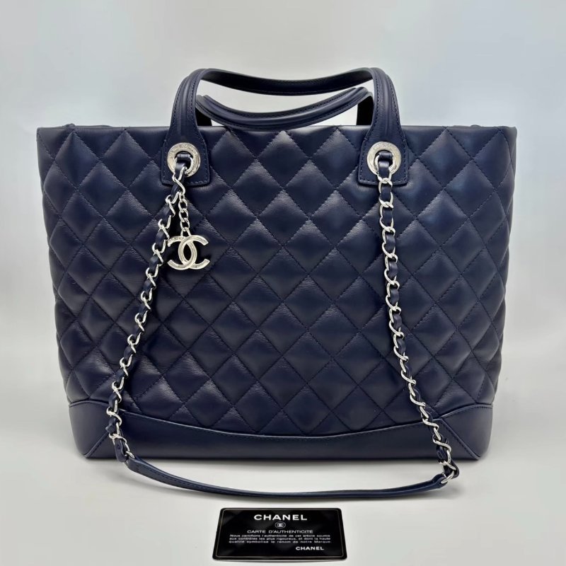 CHANEL 藍銀菱格紋手提托特包33*27*16 98新配件保卡-0