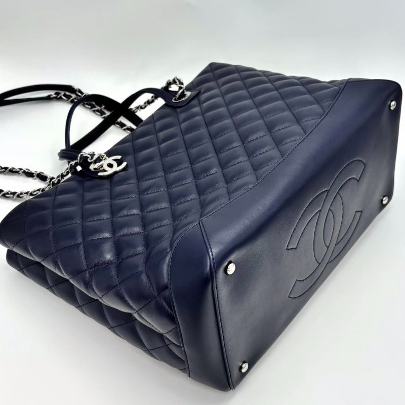 CHANEL 藍銀菱格紋手提托特包33*27*16 98新配件保卡-2