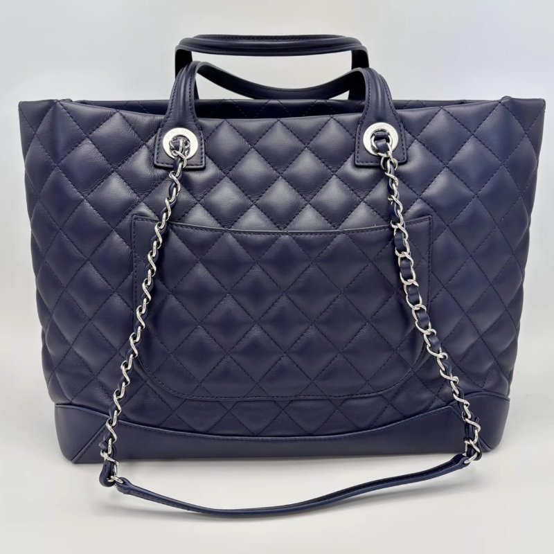 CHANEL 藍銀菱格紋手提托特包33*27*16 98新配件保卡-5