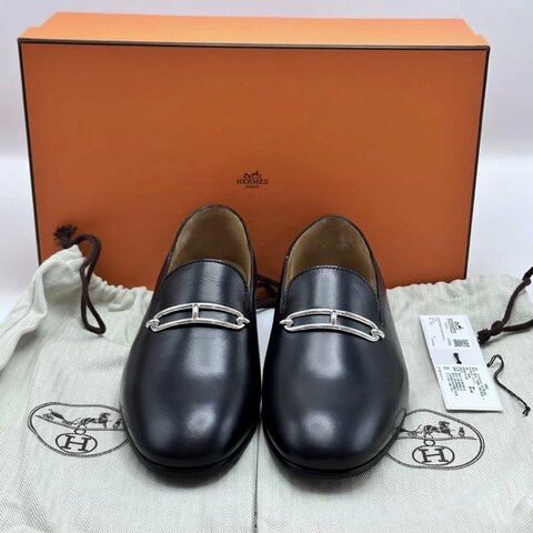 HERMES 黑銀豬鼻子男款樂福鞋40號 全新閒置配件盒子塵袋