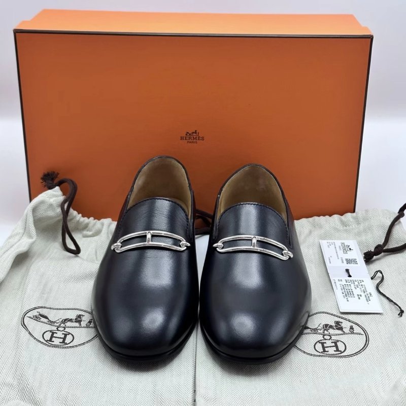 HERMES 黑銀豬鼻子男款樂福鞋40號 全新閒置配件盒子塵袋-0